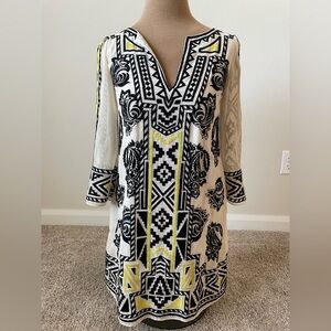 Alice + Olivia Embroidered Tunic Dress Size S Boho Black White Yellow Mini